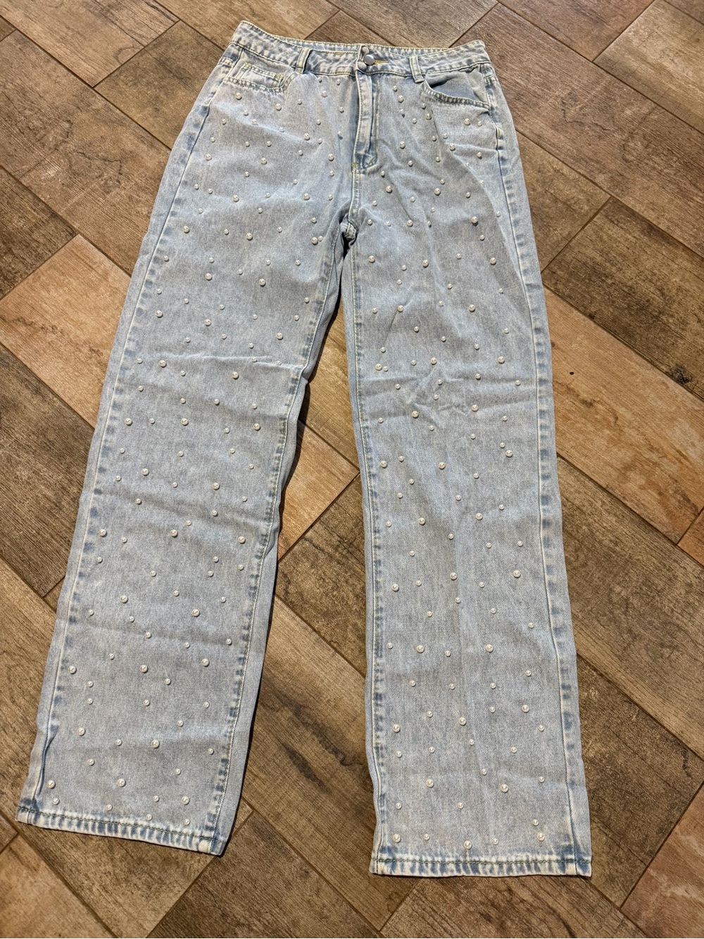Source Unknown Light Blue Pearl-Embellished Wide Leg Jeans